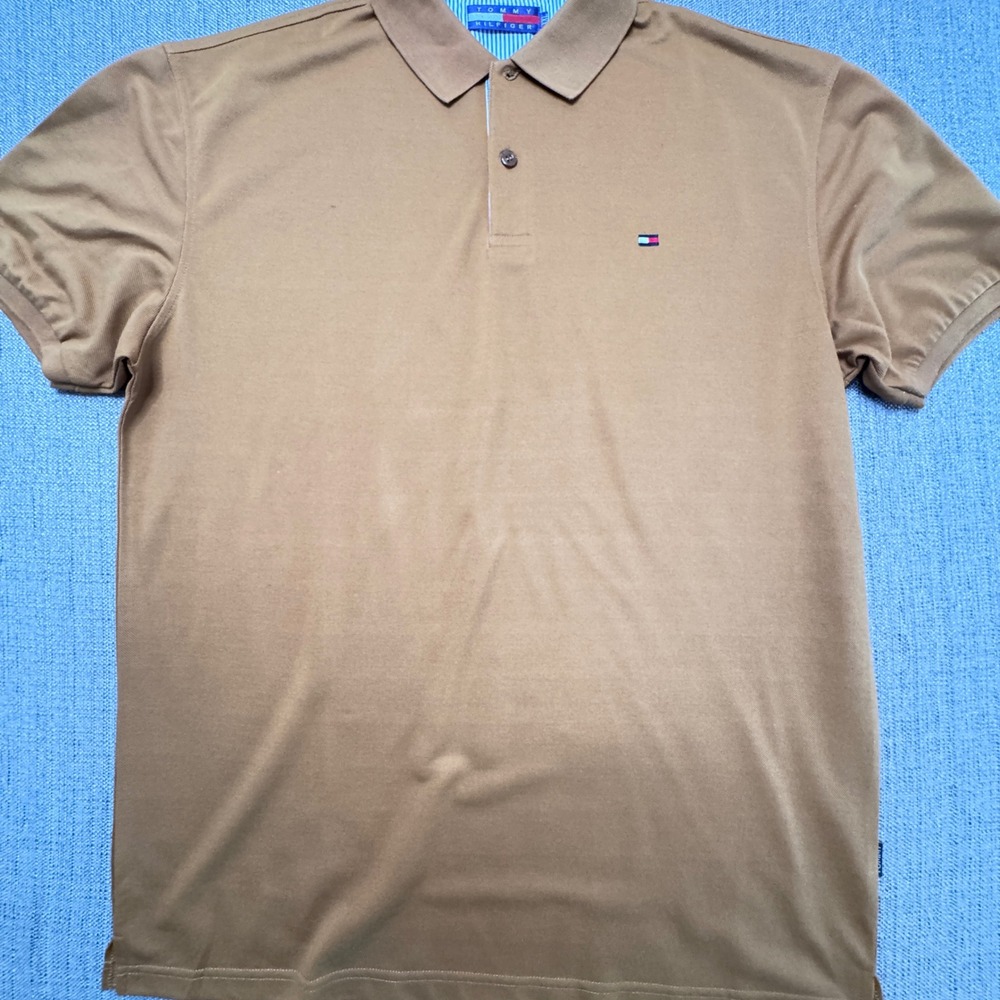 Tommy Hilfiger Mens XXL Tan Brown Cotton Pique Short Sleeve Flag Logo Polo Shirt